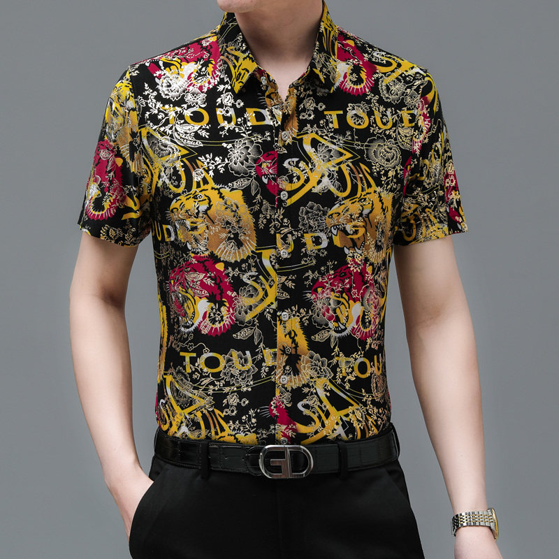 564新款男士短袖衬衫商务休闲时尚烫金花衬衫上衣P30,男装衬衫,星座1615