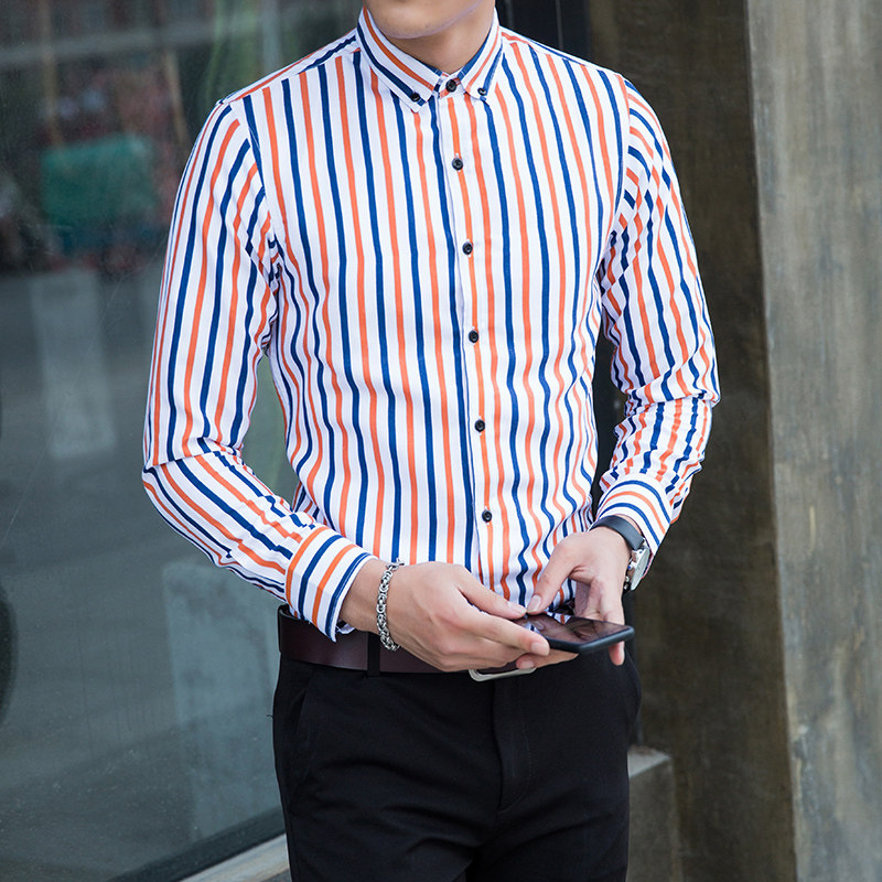8210新款秋季大码男士商务休闲条纹长袖衬衫P35黄蓝模特图，男装衬衫，星座1615