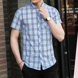 5017新款男士夏季大码休闲格子短袖衬衫P35模特图，男装衬衫，星座1615