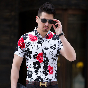 C2015 新款男士大码全棉贡缎花短袖衬衫P45 红花 模特图图片