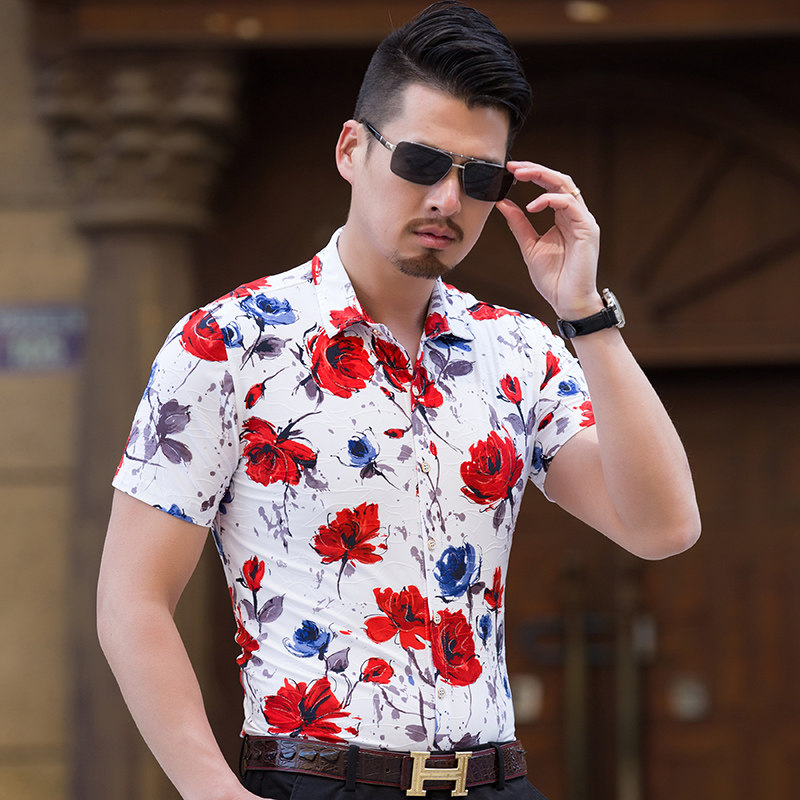 2019新款夏季男士提花大码花衬衫短袖衬衫P30模特图,男装衬衫,星座1615
