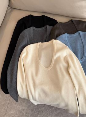 “气质为王 U领衫”超显瘦鸡蛋领羊毛混纺高弹强捻针织打底衫