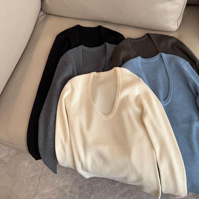 “气质为王 U领衫”超显瘦鸡蛋领羊毛混纺高弹强捻针织打底衫