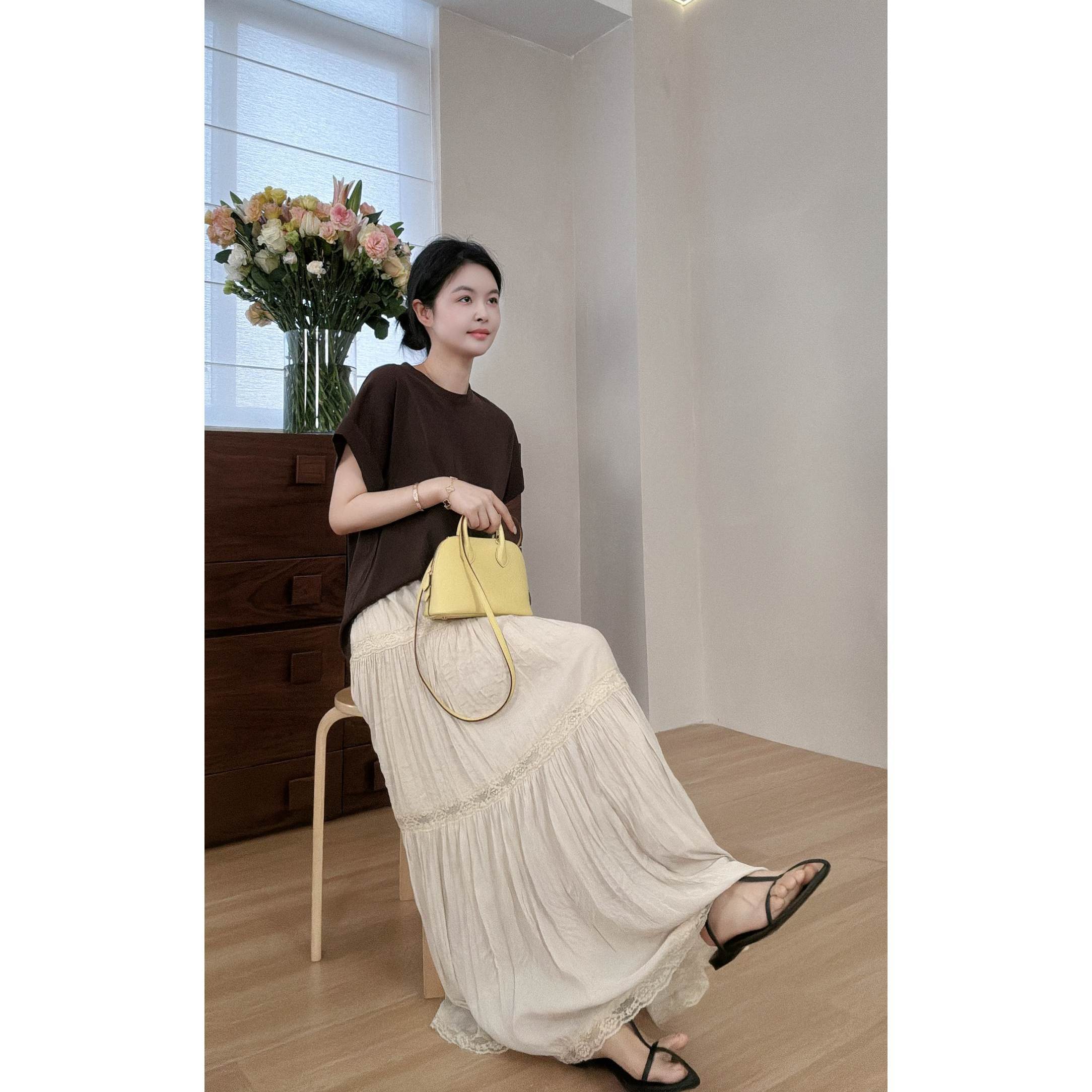muzi“夏日晚风”（长短款）定制重工压褶蕾丝拼接显瘦a字大摆裙