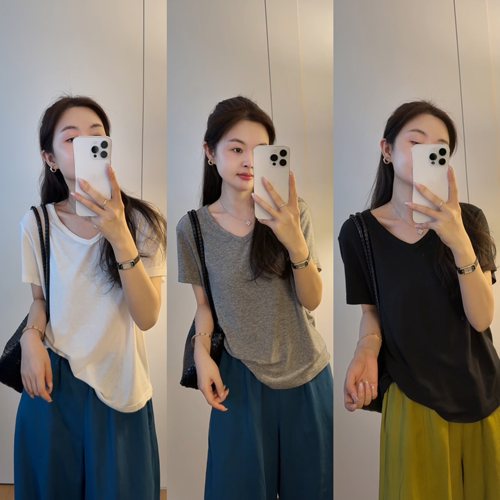 muzi“松弛亚麻tee”简约气质V领亚麻混纺立体随心裁短袖T恤女