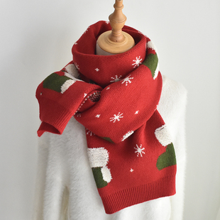 圣诞礼物~红色仿羊绒圣诞袜围巾女秋冬韩版百搭加厚保暖围脖披肩