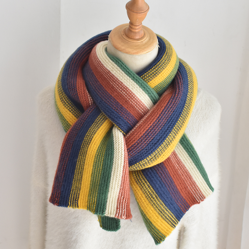 彩虹针织围巾女秋冬季加厚
