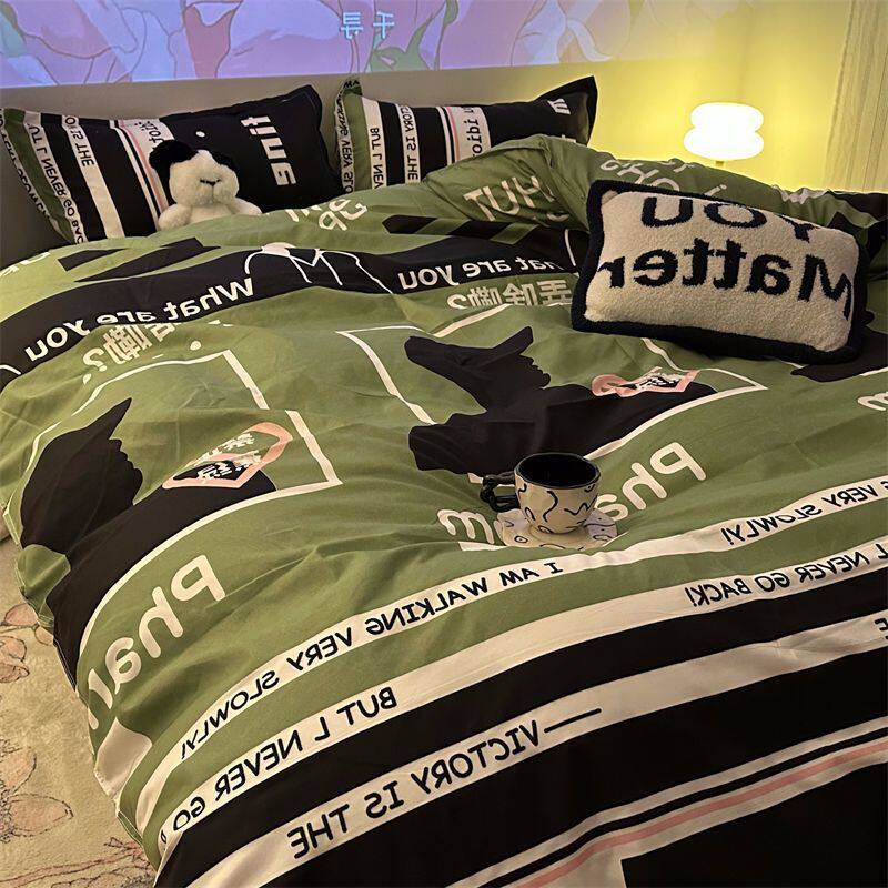 韩系ins风拒绝焦虑绿色原创新款水洗棉床单被套四件套学生三件套