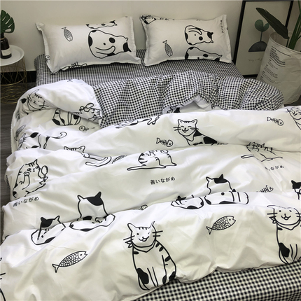 ins韩式卡通学生宿舍三件套磨毛1.5四件套可爱小猫咪被套床上用品