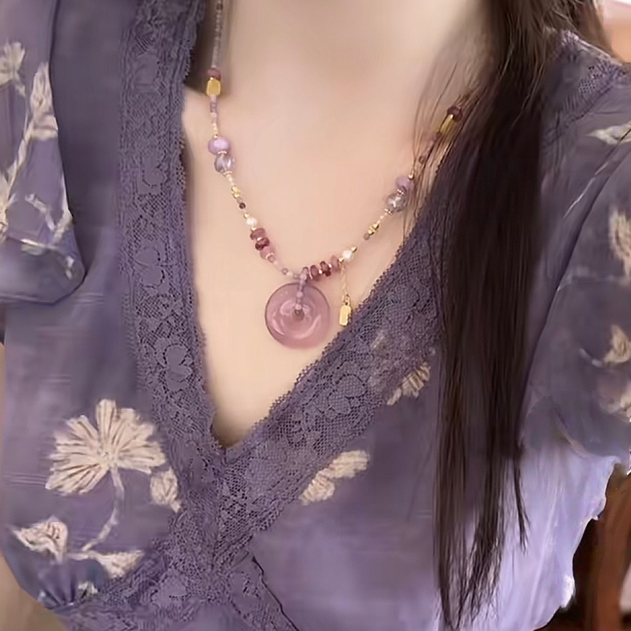 新中式粉色平安扣珠珠项链女