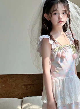 209儿童泳衣夏季新款吊带连衣裙蕾丝甜美女童泳衣平角裙式泳装