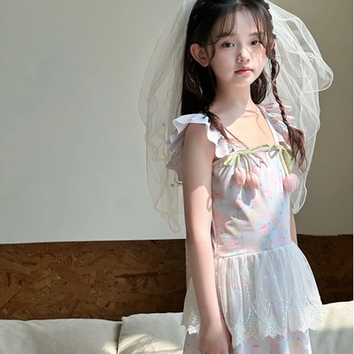 209儿童泳衣夏季新款吊带连衣裙蕾丝甜美女童泳衣平角裙式泳装