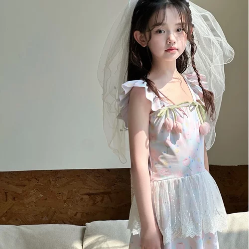 209儿童泳衣夏季新款吊带连衣裙蕾丝甜美女童泳衣平角裙式泳装