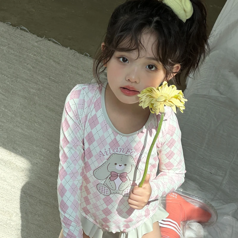 儿童日系甜美长袖泳衣ins韩版少女连体裙式夏季学生女宝宝防晒