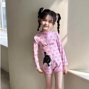 Ailanfeili儿童泳衣女童长袖连体游泳中大童卡通速干防晒女宝泳装