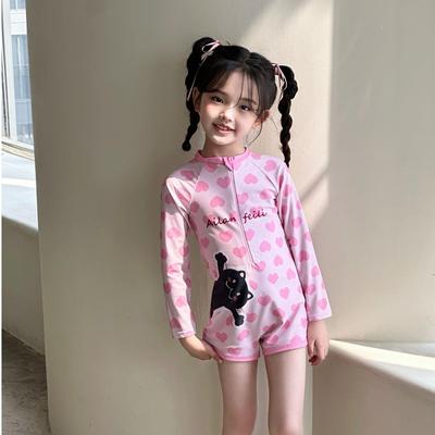 Ailanfeili儿童泳衣女童长袖连体游泳中大童卡通速干防晒女宝泳装