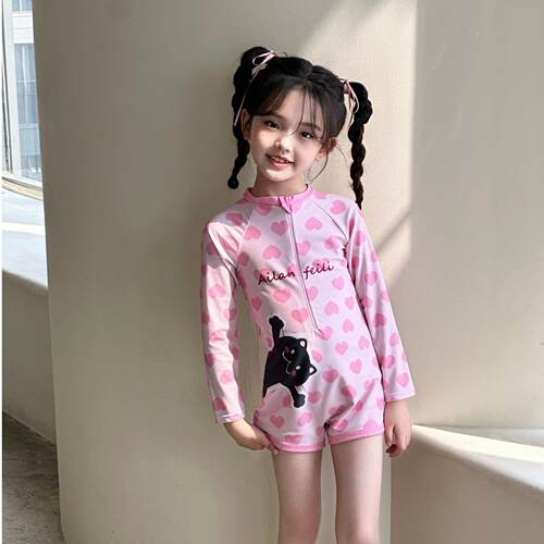 Ailanfeili儿童泳衣女童长袖连体游泳中大童卡通速干防晒女宝泳装