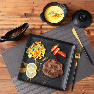牛排刀叉盘子西餐餐具套装家用餐厅黑色磨砂牛扒全套专用餐盘菜盘