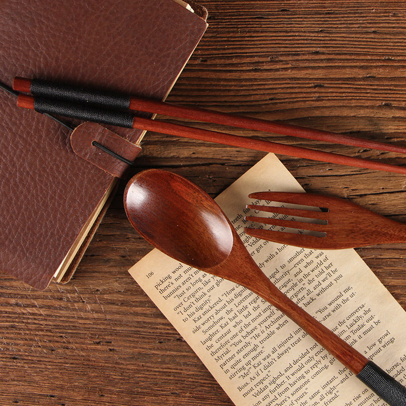 日系露营风格 户外便携轻质露营餐具楠木红檀汤叉水果勺尖筷套装
