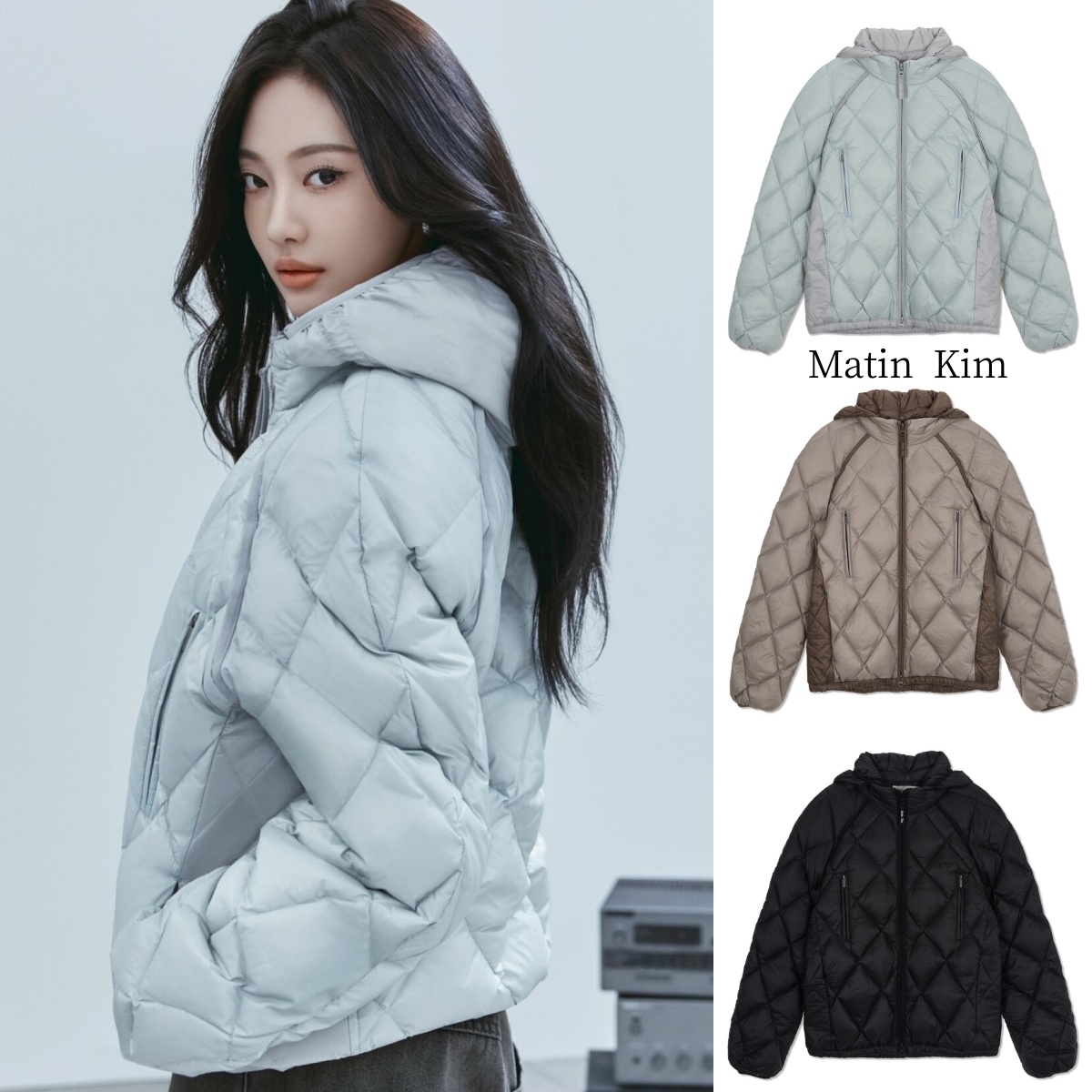 韩国代购matinkim宁艺卓同款羽绒服菱格缝线立领连帽鹅绒服外套女