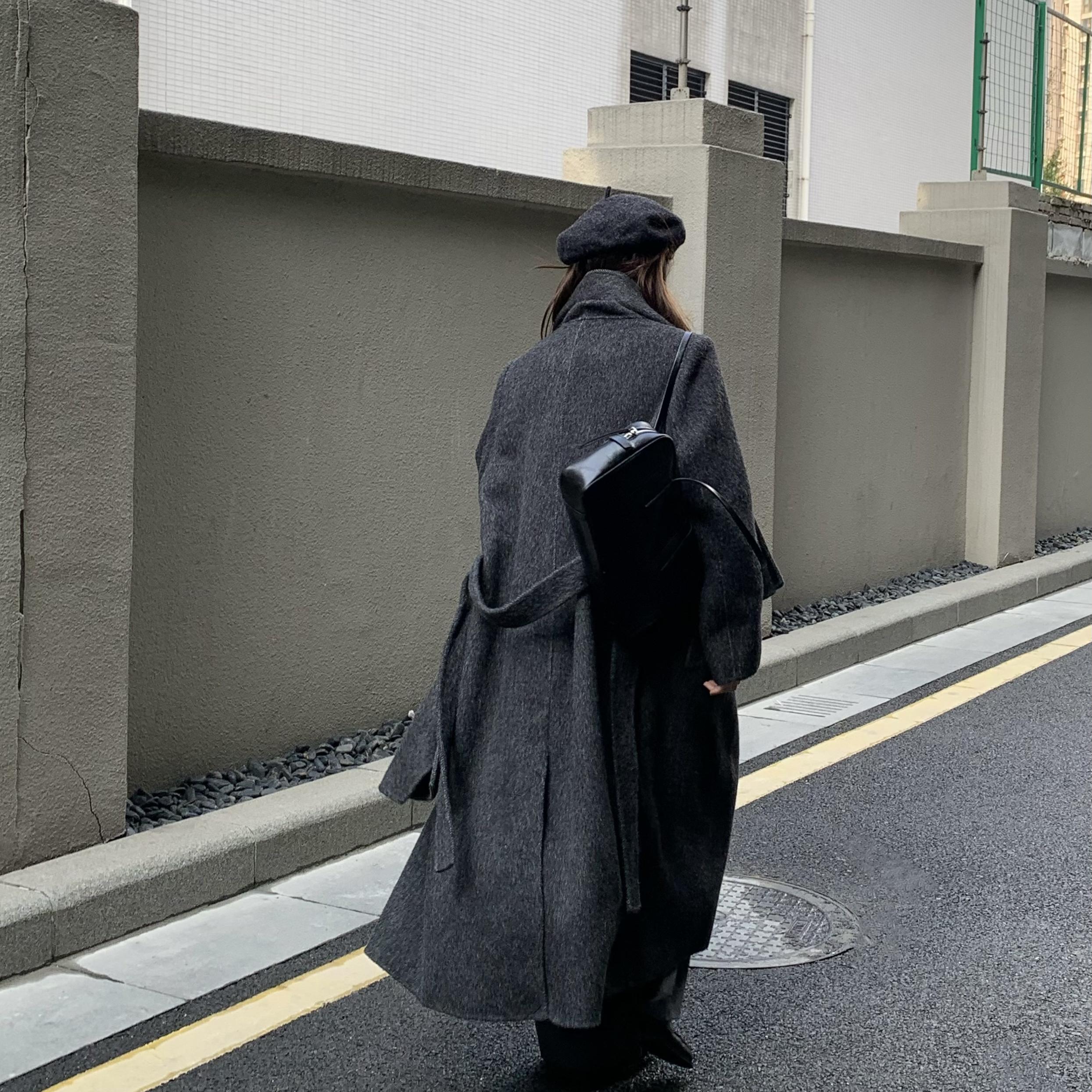 系带长款毛料毛呢外套羊毛通勤风