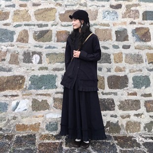 2025新款秋冬山本风复古日系小众压褶花边设计感黑色长袖衬衫套装