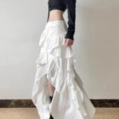 国风小众设计白色荷叶边高腰半身裙露腿别致不规则 A字长裙春秋款