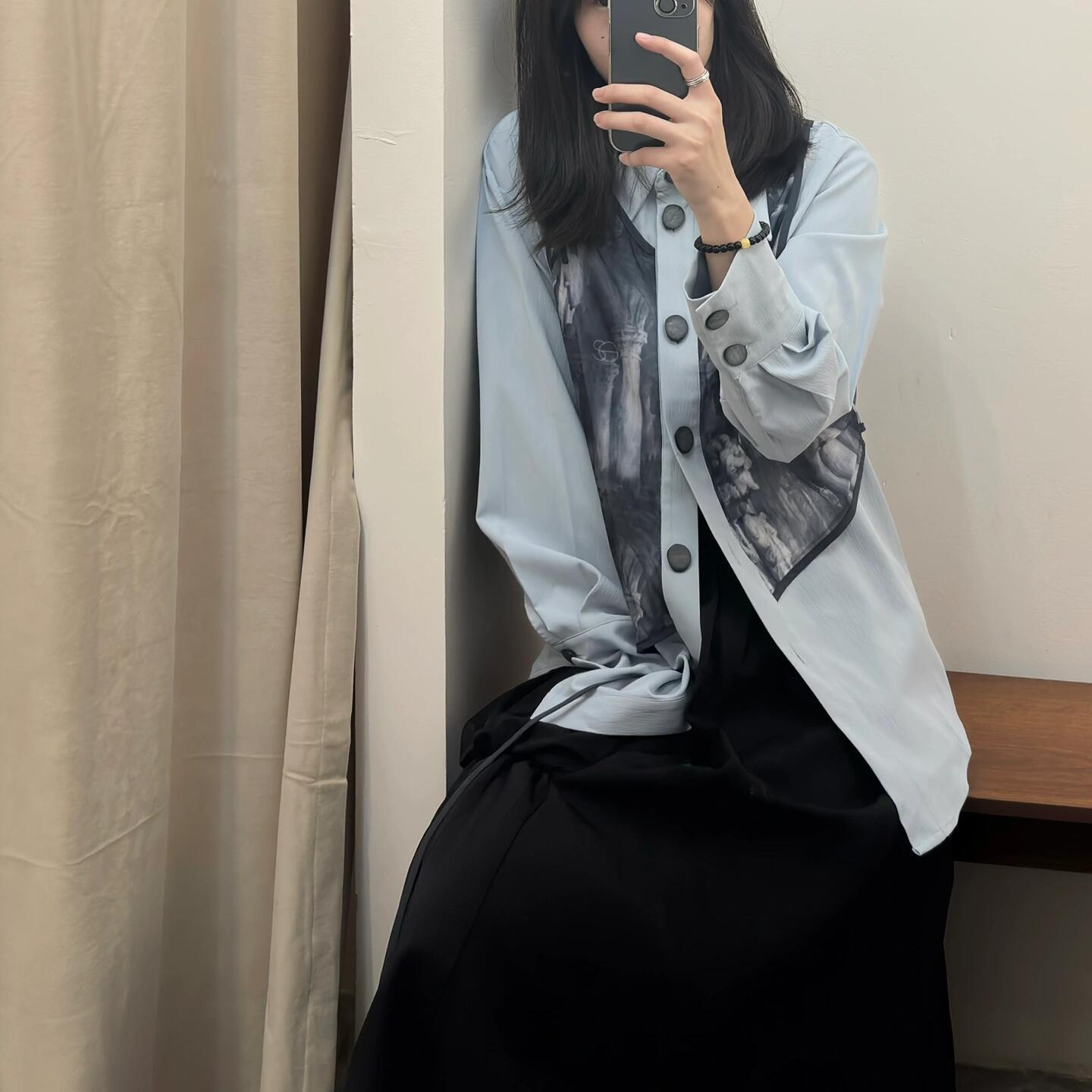 宝蓝色假两件通勤宽松型单排多扣