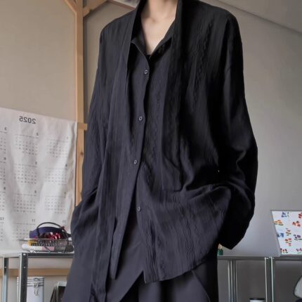 山本暗黑风无性别高级感复古小众镂空肌理感飘带长袖外搭宽松衬衫