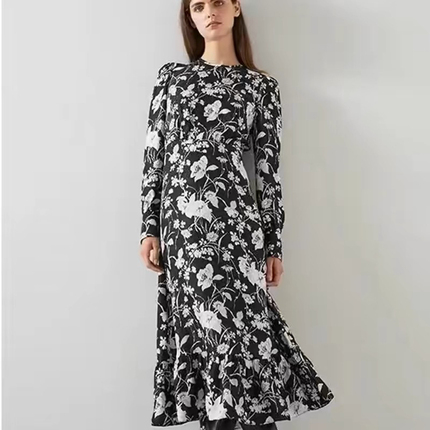 Original Zhu Zhu Style Lkbennet Black Camellia Print Dress, Mulberry Silk High-End Long Dress