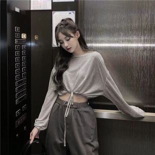 欧美辣妹风爵士舞穿搭jazz长袖 跳舞上衣女秋 T恤宽松抽绳露脐短款