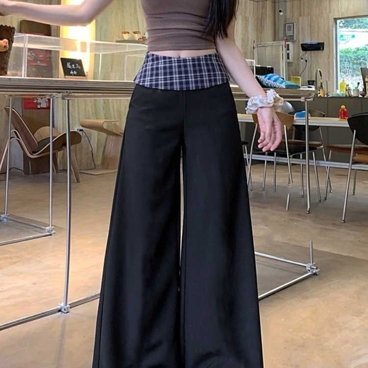 拼接格子裤休闲慵懒休闲裤格子夏季设计高腰新款春季宽松拖地