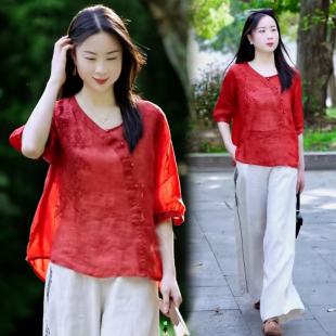 亚麻刺绣半袖上衣女2026年夏季棉麻显瘦洋气中年妈妈上衣苎麻小衫