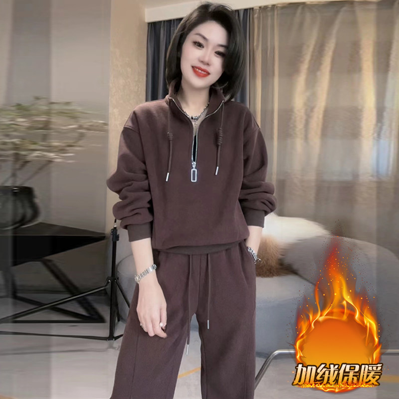高级感洋气质时尚两件套女秋冬季2026新款小个子休闲加绒卫衣套装