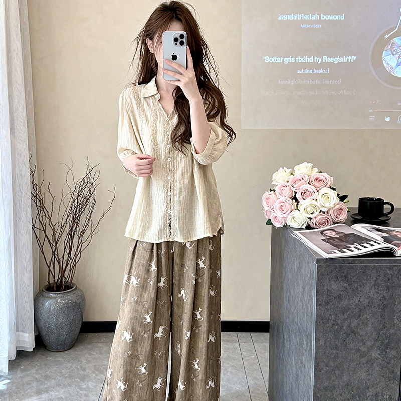 新款花褶透气休闲韩系慵懒风减龄夏季衬衫女透气阔腿小马裤子套装