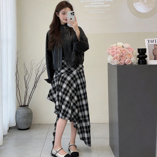 复古皮衣外套格纹半身裙套装女2026春秋新款高级感气质显瘦两件套