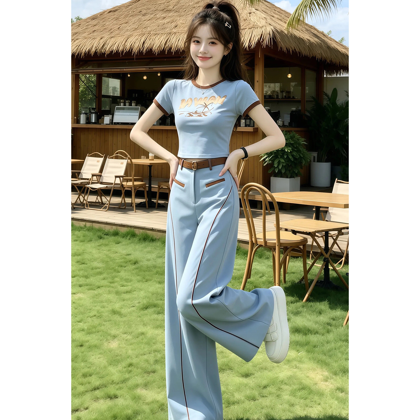 2026夏季新款巨好看浅蓝色休闲运动套装女减龄显瘦短袖高腰阔腿裤