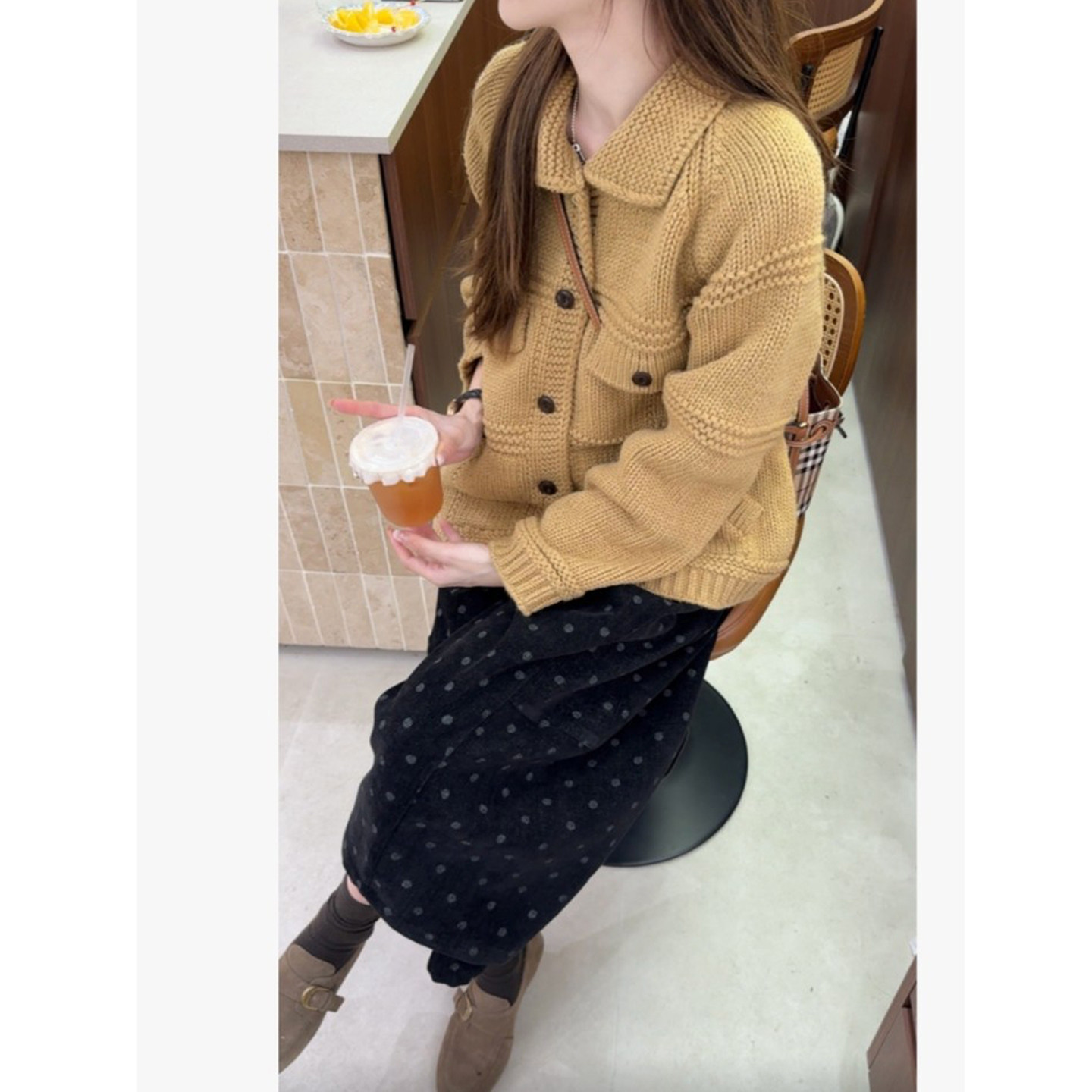 秋冬宽松显瘦翻领针织开衫外套+百搭显瘦阔腿七分波点休闲裤套装