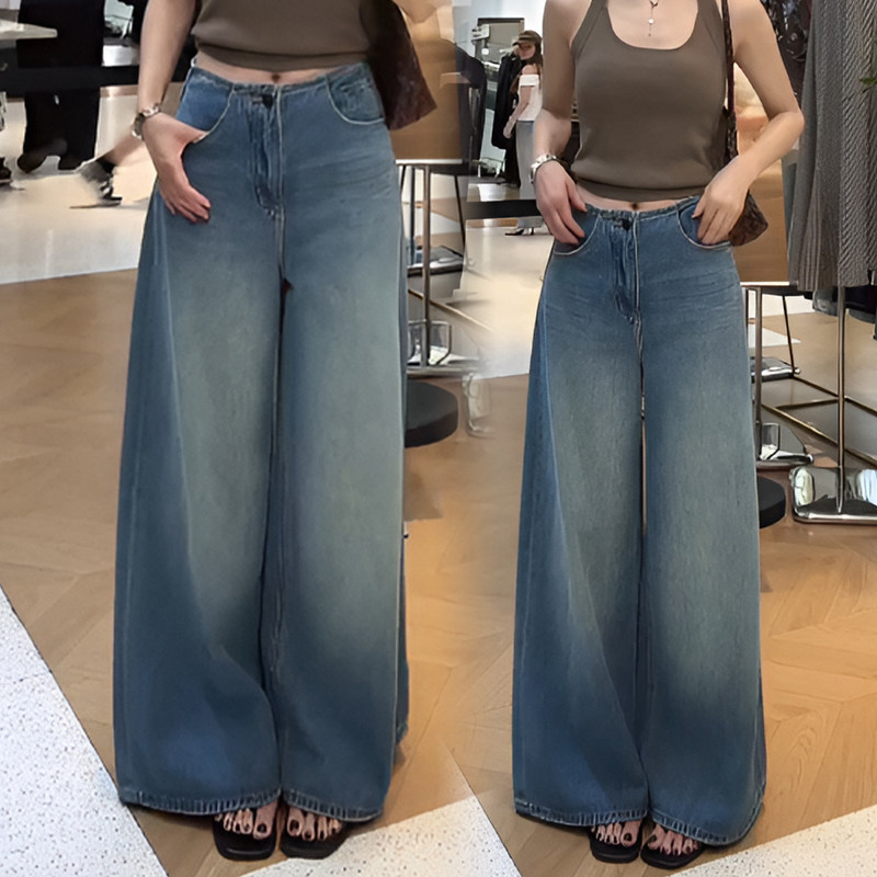 美式慵懒休闲风牛仔裤长裤女春秋2026新款蓝色百搭阔腿宽松拖地裤