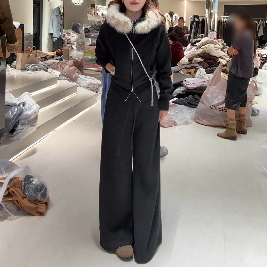 板栗可可'曼城旧事'连帽大毛领拉链卫衣外套高腰抽绳垂坠阔腿裤女