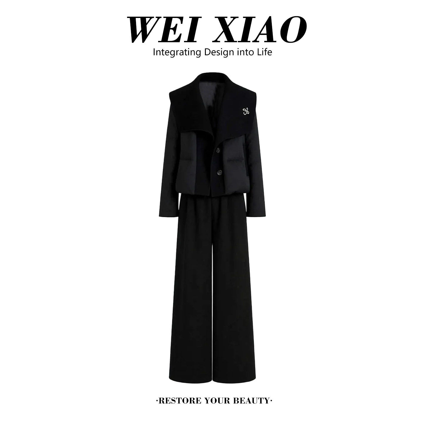 设计感大翻领针织拼接棉服外套女2026冬季新款小个子直筒裤两件套