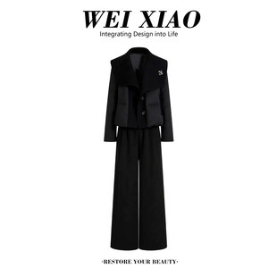 设计感大翻领针织拼接棉服外套女2026冬季新款小个子直筒裤两件套