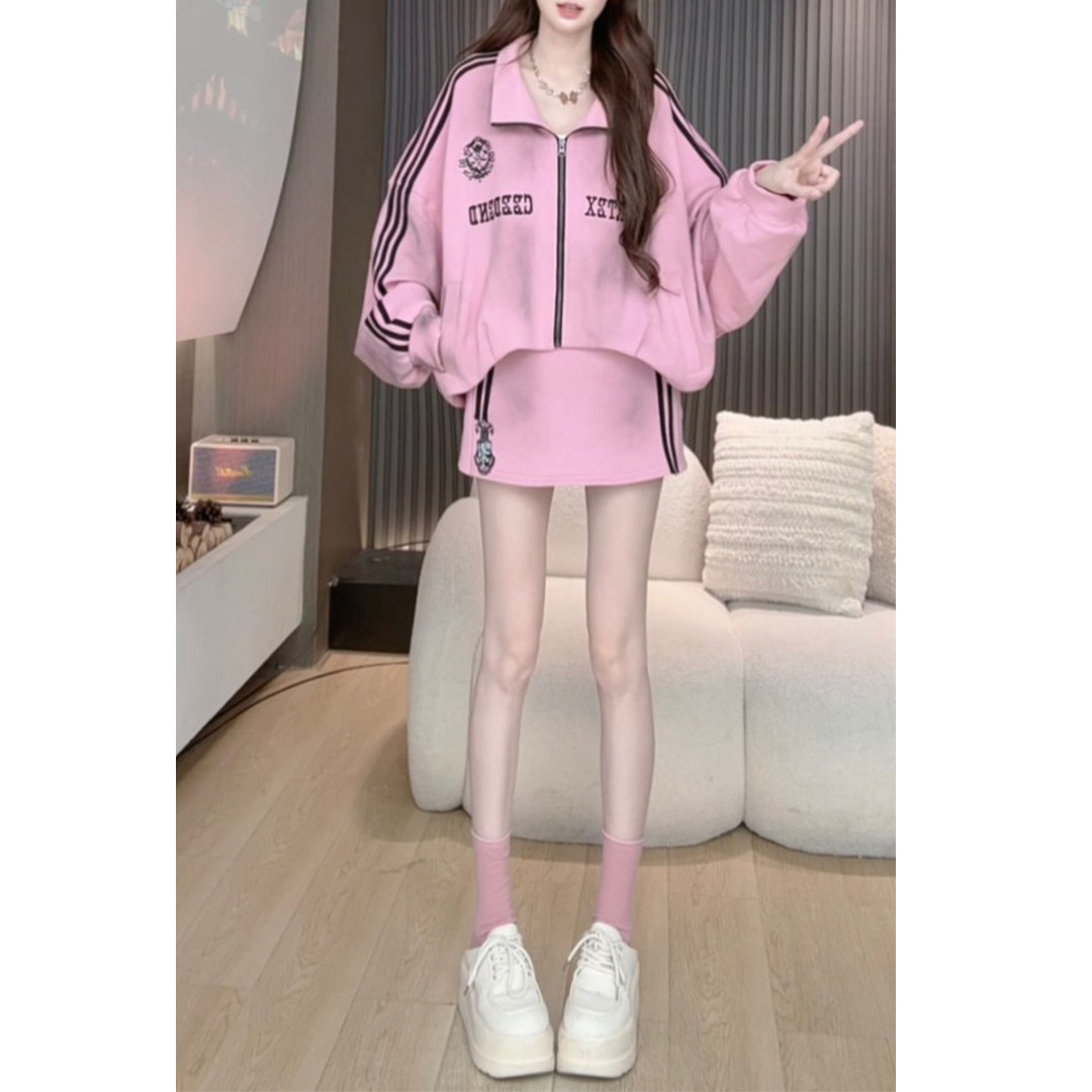 新款时尚气质感显瘦粉色脏染撞色宽松版条纹套装裙女装春秋季上新