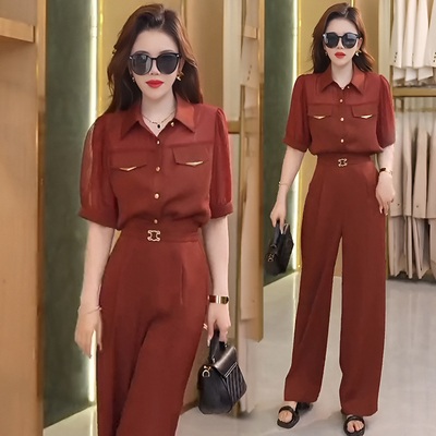 高级感时尚套装女2025夏季新款polo领短袖上衣高腰阔腿裤两件套