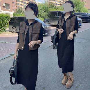 韩系休闲连帽卫衣裙套装女2025春秋穿搭一整套显瘦马甲裙子两件套