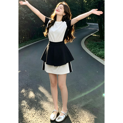 韩版设计感小众撞色显瘦拼色短袖百搭连衣裙收腰气质A字短裙套装