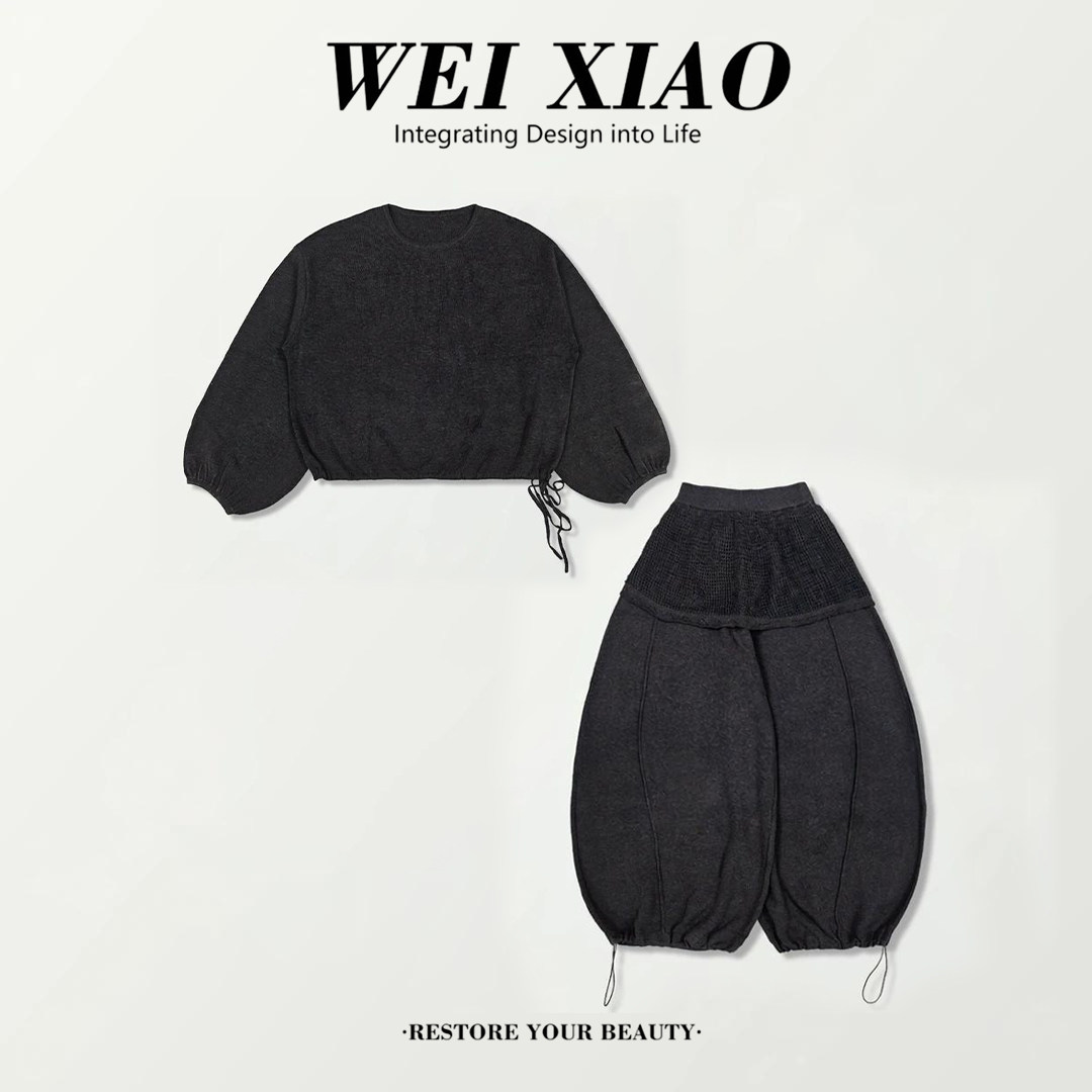 秋款时尚女士灰色长袖圆领抽绳针织衫阔腿休闲长裤纯色系两件套装