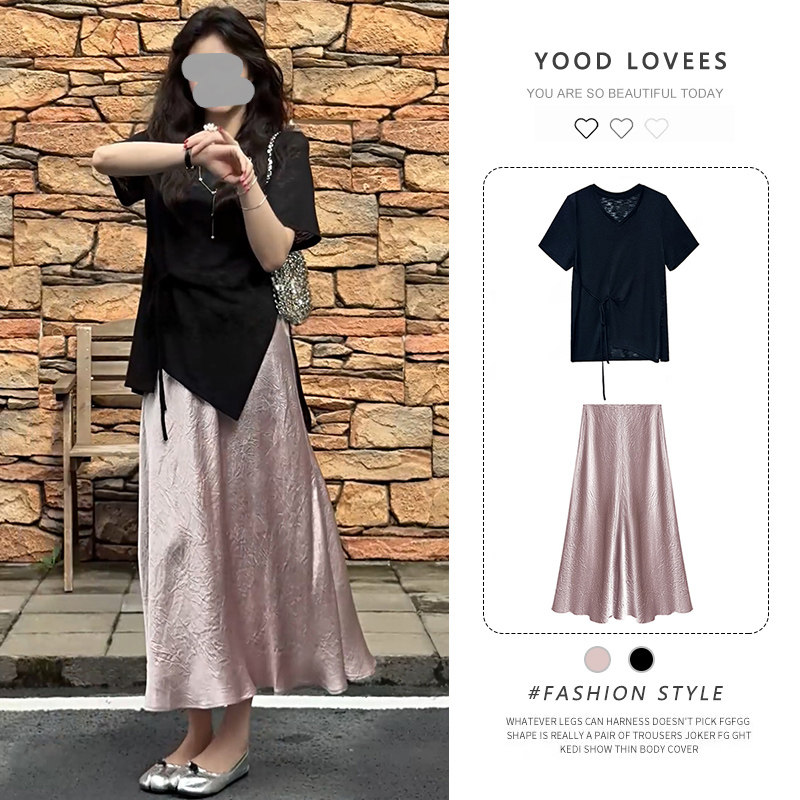 设计感小众收腰短袖上衣高腰半身裙套装女2026夏季新款显瘦两件套