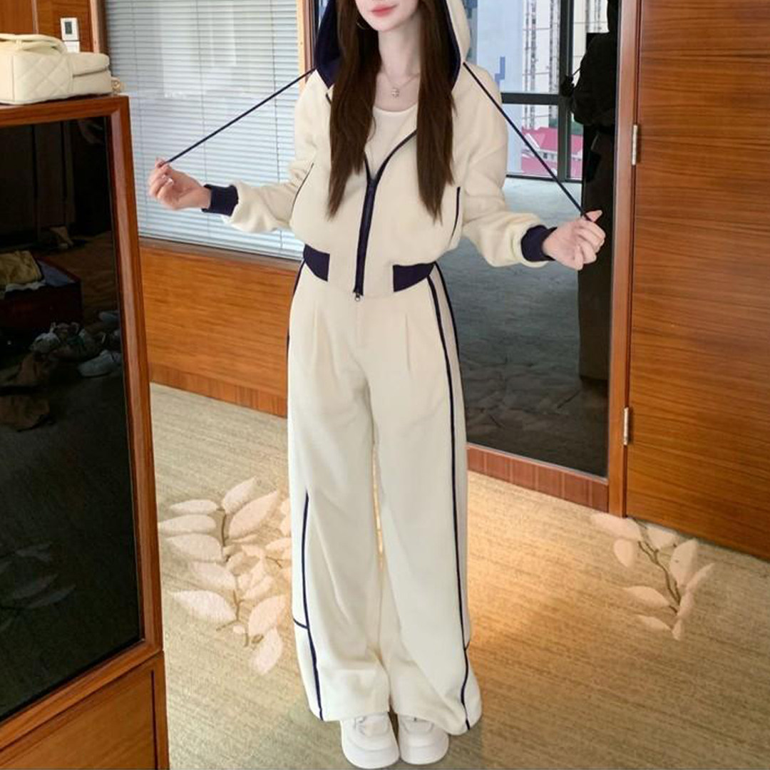 (懒人小暖炉)时髦拼色连帽卫衣裤子显瘦时尚气质休闲通勤风女套装