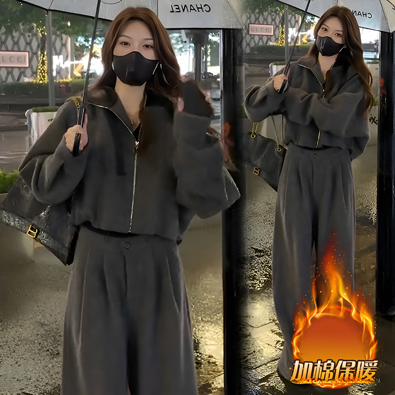 运动休闲套装秋冬新款小个子加棉连帽卫衣外套阔腿裤保暖两件套女
